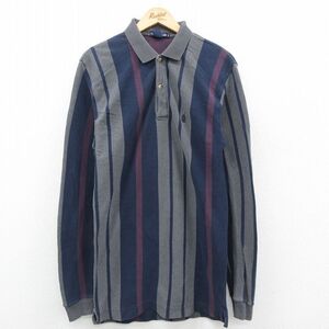 M/古着 ノーティカ 長袖 ブランド ポロ シャツ メンズ 90s ワンポイントロゴ ロング丈 コットン 紺 ネイビー ストライプ 23j