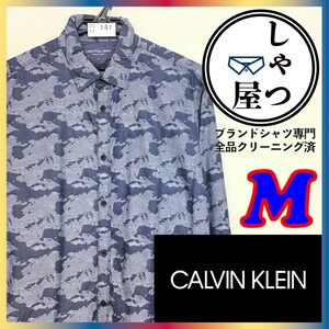 SC13-141■GOODデザイン■【Calvin Klein Jeans カルバンクライン】コットンツイル 長袖 総柄シャツ【メンズ M】紺 ネイビー 古着 薄手