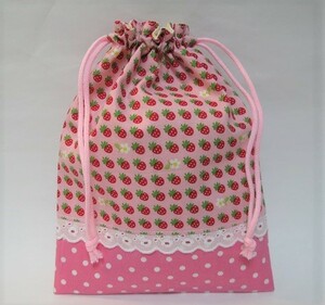 ハンドメイド★コップ袋　NO.59【プチいちご　ピンクドット】21×16.5★ 巾着　裏地付き　入園　入学　苺　イチゴ　ドット　水玉