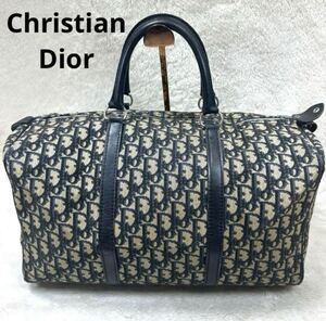 美品 Christian Dior クリスチャンディオール トロッター キャンバス レザー ネイビー ボストンバッグ ヴィンテージ 大容量 オブリーク 