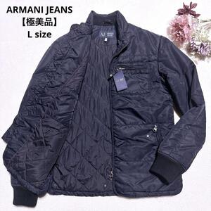 極美品【至高の逸品】ARMANI JEANS アルマーニジーンズ AJ ダウンジャケット ダブルジップ 刺繍 中綿 キルティング メンズ L ブラック 