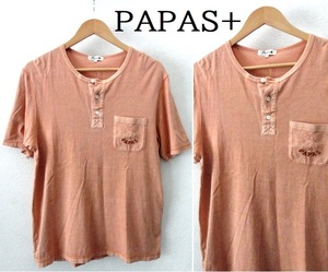 Papas+:パパス プラス/ロゴ刺繍入り ポケット付き ヘンリーネック Tシャツ/オレンジ系/Msize/used加工/カットソー