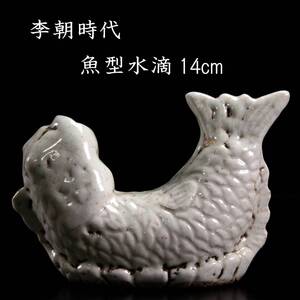 【欟】 李朝時代 白磁製 魚形水滴 14cm 朝鮮古陶 唐物骨董 [N4]Pb/24.11廻/IT/(60)