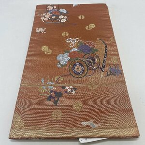 【袋帯】中古 帯 礼装 正絹 結婚式 入学式 卒業式 リメイク 銅 金 小槌 花柄 437cm G420