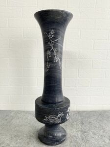 大理石の壺 花瓶　石の花器　飾り壺　松　水鳥　35cm　1.8kg インテリア　工芸品　美術　長期保管品