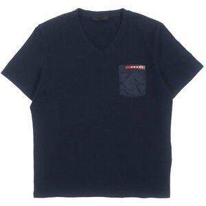 美品▼PRADA プラダ SJM994 コットン ロゴテープ・胸ナイロンポケット付き Vネック 半袖Ｔシャツ ネイビー M 正規品 メンズ