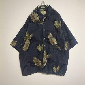 アロハシャツ リーフ ボタニカル ハワイ デザインボタン ネイビー 2XL