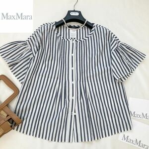 ★美品★マックスマーラ MaxMara 42/L.XL.3L 洗える☆袖ふんわりストライプシャツ ブラウス 夏トップス 綺麗に体型カバー 羽織りにも♪