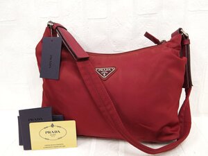 ◆美品◆PRADA プラダ◆三角ロゴプレート◆ナイロン カーフ レザー 本革◆ショルダー バッグ◆レッド SV金具◆イタリア製◆肩掛け◆A8866