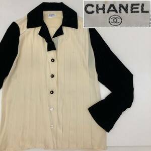 CHANEL OLD VINTAGE クローバーボタン ベロア 襟 プリーツ 開襟 シャツ シャネル 長袖 ブラウス ベルスリーブ 90s VINTAGE archive 3120421