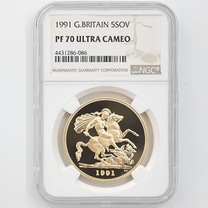 1991 英国 エリザベス2世 ソブリン 5 ポンド 金貨 プルーフ NGC PF 70 UC 最高鑑定 完全未使用品 聖ジョージ竜退治 イギリス 金貨