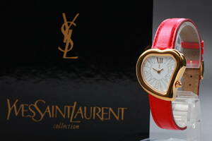 【稼働品】美品 箱付 Yves Saint Laurent イヴ・サンローラン ハートモチーフ クオーツ Qz 赤 レディース 腕時計 YSL【T-0074】