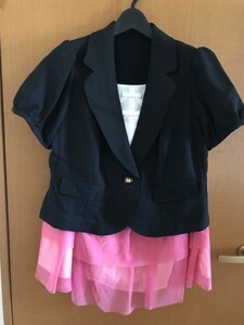 フェイクシャツ半袖ジャケットチュールスカートスーツ　34ABR114　黒、ピンク 【WA-214】