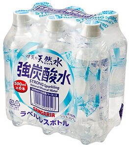 サンガリア 伊賀の天然水 強炭酸水 ラベルレス (500mL ×6本パック) ×4個