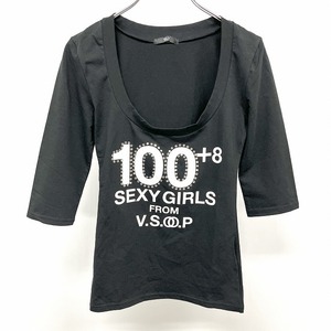 スライ SLY Tシャツ 5分袖 Uネック ラインストーン SEXY GIRS プリント ストレッチ 日本製 綿×ポリウレタン S ブラック 黒×白 レディース