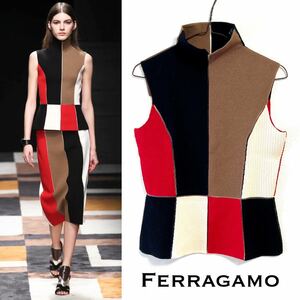 展示品・未使用■Salvatore Ferragamo/フェラガモ■ニット・セーター ノースリーブ・ブロック_ハイネック・セレブ着用/スリーブレス