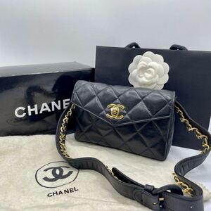 ◎極美品◎ CHANEL シャネル マトラッセ ターンロック ラムスキン ウエストバック チェーンストラップ ブラック ココマーク ブラック 黒