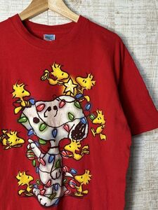 ☆US古着 PEANUTS スヌーピー キャラクター プリント Tシャツ ビッグプリント クリスマスデザイン レッド赤【L】コットン　　　　◆4573◆