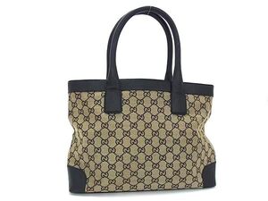 1円 ■美品■ GUCCI グッチ 33890 213048 GG柄 GGキャンバス×レザー トートバッグ ショルダー 肩掛け ブラック系×ベージュ系 FL1486