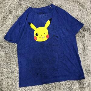 Pokmon ポケモン ピカチュウプリント 半袖Tシャツ 半袖カットソー サイズM ブルー 青 コットンポリ メンズ トップス 最落なし （L20）