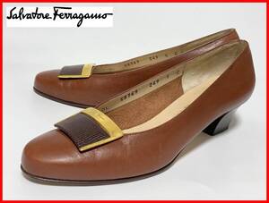 即決 Salvatore Ferragamo フェラガモ 5≒22cm パンプス 茶 ブラウン レザー レディース D2