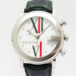 グッチ 時計 メンズ GUCCI 101M クロノグラフ クォーツ ダイヤモンド SS ステンレス レザー ホワイト 軽仕上げ 中古