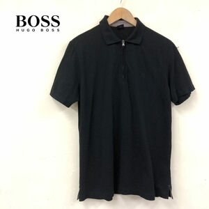 R1068-W◆HUGO BOSS ヒューゴ ボス 半袖ポロシャツ ハーフジップ シンプル 無地 ロゴ刺繍 カジュアル メンズ◆size:L ブラック コットン