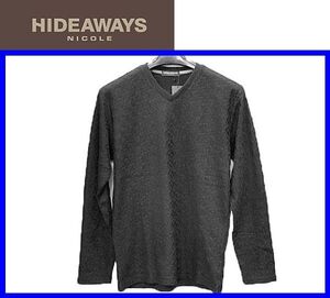 新作★46(M)★\8690〓HIDEAWAYS by NICOLEニコル〓幾何学柄風ジャガード長袖ＶネックＴシャツblack