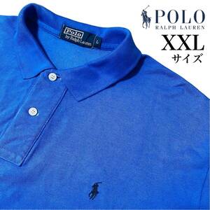 希少USA製●大きめXXL相当【POLO RALPH LAUREN】鮮やかインディゴブルー/青 ラルフローレン ロゴ刺繍 極上コットン100% 半袖ポロシャツ