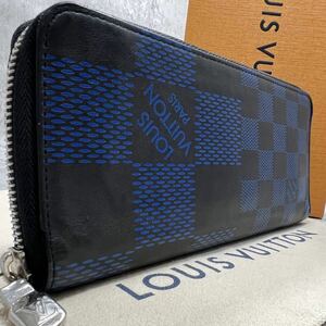 【現行 極美品 希少】ルイヴィトン LOUIS VUITTON ヴェルティカル 長財布 ラウンド ダミエアンフィニ 3D レザー 黒 青 メンズ ビジネス