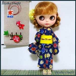 ♪Blythe＊ブライスアウトフィット♪浴衣（お祭り・お面柄）セット・下駄付き！