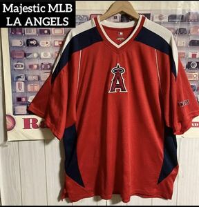 Majestic MLB LA ANGELSエンゼルスゲームTシャツXL刺繍ロゴ大リーグベースボールシャツ