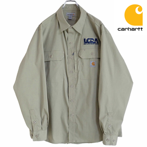 4968/美品 Carhartt 長袖ワークシャツL●洗濯プレス済●ネコポス可●織り格子柄 LCRAワッペン付き ストレッチ入りロゴマークカーハート古着