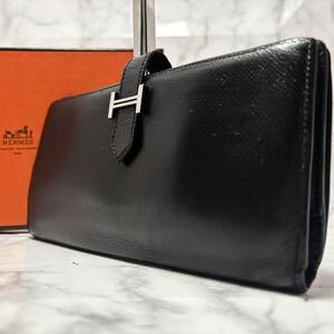 【希少】エルメス Hermes ベアン スフレ 長財布 ヴォーエプソン マチ有り レザー 黒ブラック SV金具 ロングウォレット メンズ レディース