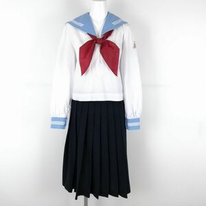 1円 セーラー服 スカート スカーフ 上下3点セット 大きいサイズ 中間服 白3本線 女子 学生服 高知学園中学高校 白 中古 ランクC NA8874