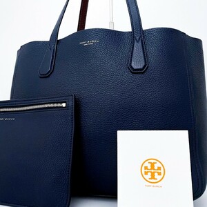 1円■未使用級■Tory Burch トリーバーチ ポーチ付き トートバッグ ビジネス ブリーフケース大容量A4可 レディース メンズ レザー ネイビー