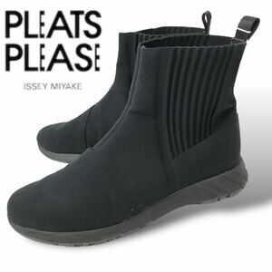 r167 未使用 定価4万円 PLEATS PLEASE プリーツプリーズ イッセイミヤケ ニット ショートブーツ 黒 スニーカー シューズ 24.5cm 正規品