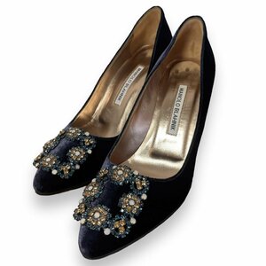 美品 MANOLO BLAHNIK マノロブラニク ハンギシ ベルベッド ビジュー アーモンドトゥ パンプス 35 1/2 約22.5cm ネイビー系