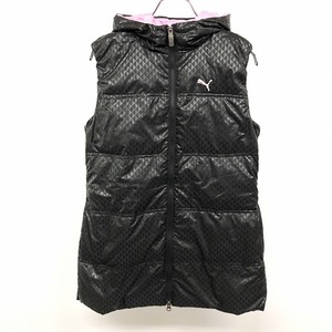 PUMA プーマ M レディース 女性 中綿 ダブルジップ ベスト パーカー ノースリーブジャケット 総柄 幾何学柄 ポリ100% ブラック×ピンク 黒