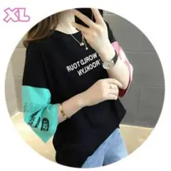 トップス　Tシャツ　春夏　ピンク　ブルー　カジュアル　XL 　切り替え　デザイン