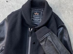 ALPHA INDUSTRIES 袖革 スタジャン M アルファ メンズ ブルゾン ジャケット 革ジャン 本革 牛革 レザー 黒 ブラック MA-1 ライダース