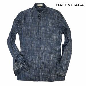 定価10万超 新品同様 BALENCIAGA バレンシアガ 総柄 ドレスシャツ サイズ37/S ネイビー ブルー イタリア製 長袖シャツ 最高級品 230303