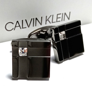 【ckc24】CALVIN KLEIN　CKカルバンクライン　カフス　カフリンクス　ガンメタ×クリアストーン　黒/ブラック　スクエア　定価13,200円　