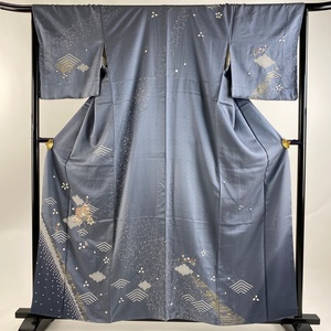 訪問着 身丈160cm 裄丈66cm M 袷 鼓 草花 刺繍 絞り 青灰色 正絹 美品 秀品 【中古】