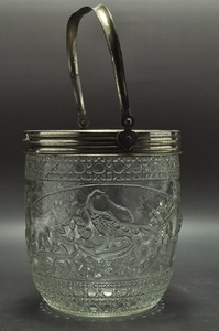 古いアイスペール　エンボス　ガラスビン　瓶　ウランガラス　孔雀　昭和レトロ