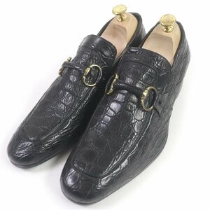 未使用品□GUCCI グッチ 115676 クロコダイルレザー ホースビット ゴールド金具 Uチップ ローファー ブラック 42 保存袋付き 伊製 正規品