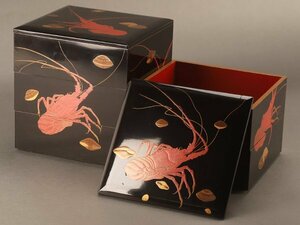 【流】時代漆器 海老蒔絵五段重箱 箱付 KV993