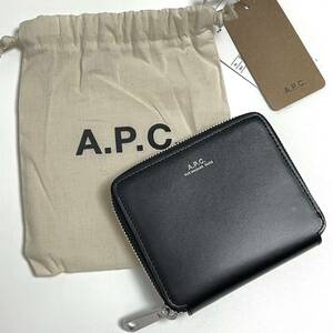 新品 A.P.C. 定価31900円 ラウンドファスナー コンパクト レザー ウォレット ブラック 折り 財布 ラウンド ファスナー ジップ 黒 APC ロゴ