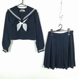 1円 セーラー服 スカート スカーフ 上下3点セット 175A 大きいサイズ 冬物 白2本線 女子 学生服 中学 高校 紺 制服 中古 ランクC EY5737