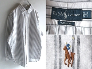 希少 00sビンテージ Ralph Lauren ラルフローレン CLASSIC FIT ロゴ刺繍 ストライプオックス BDシャツ 17H グレー ホワイト USA企画 正規品